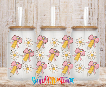 Pencils and Bows UV DTF full wrap on three clear glass cans with bamboo lids