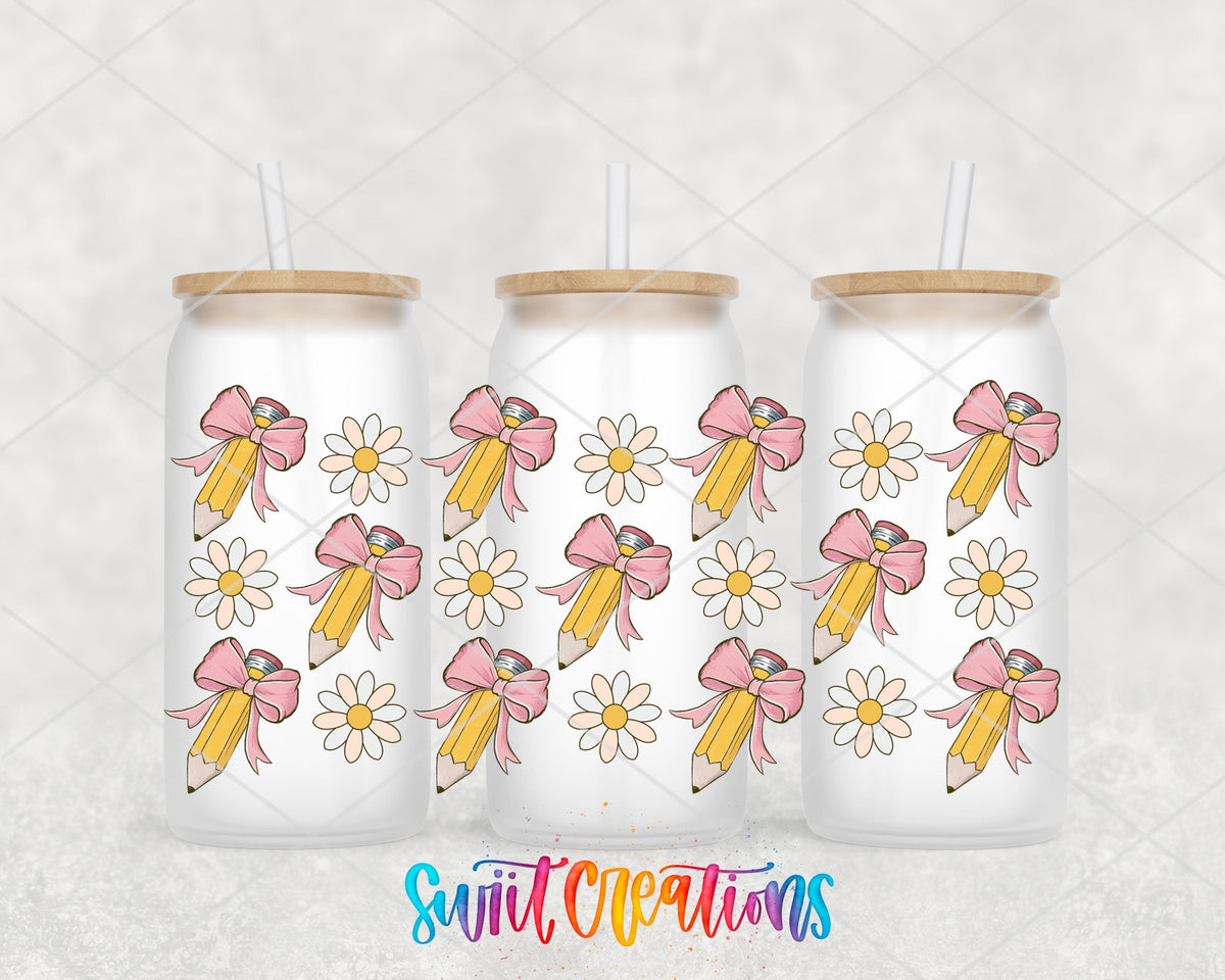 Pencils and Bows UV DTF full wrap on three frosted glass cans