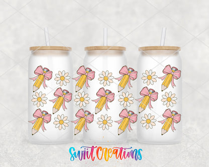 Pencils and Bows UV DTF full wrap on three frosted glass cans