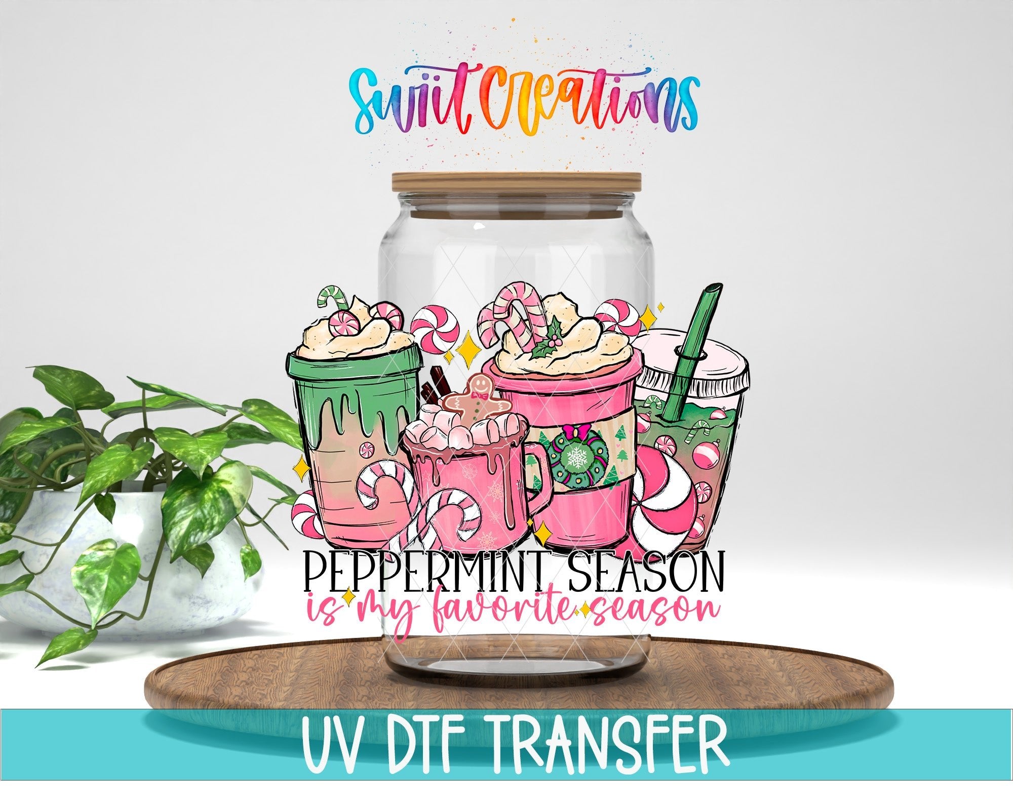 Peppermint Season Christmas Coffee UV DTF transfer displayed on a clear jar mockup from Swiit Creations