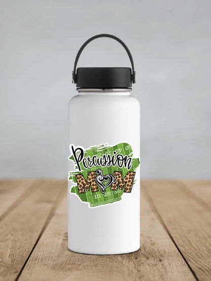 Percussion Mom sticker on a white insulated water bottle