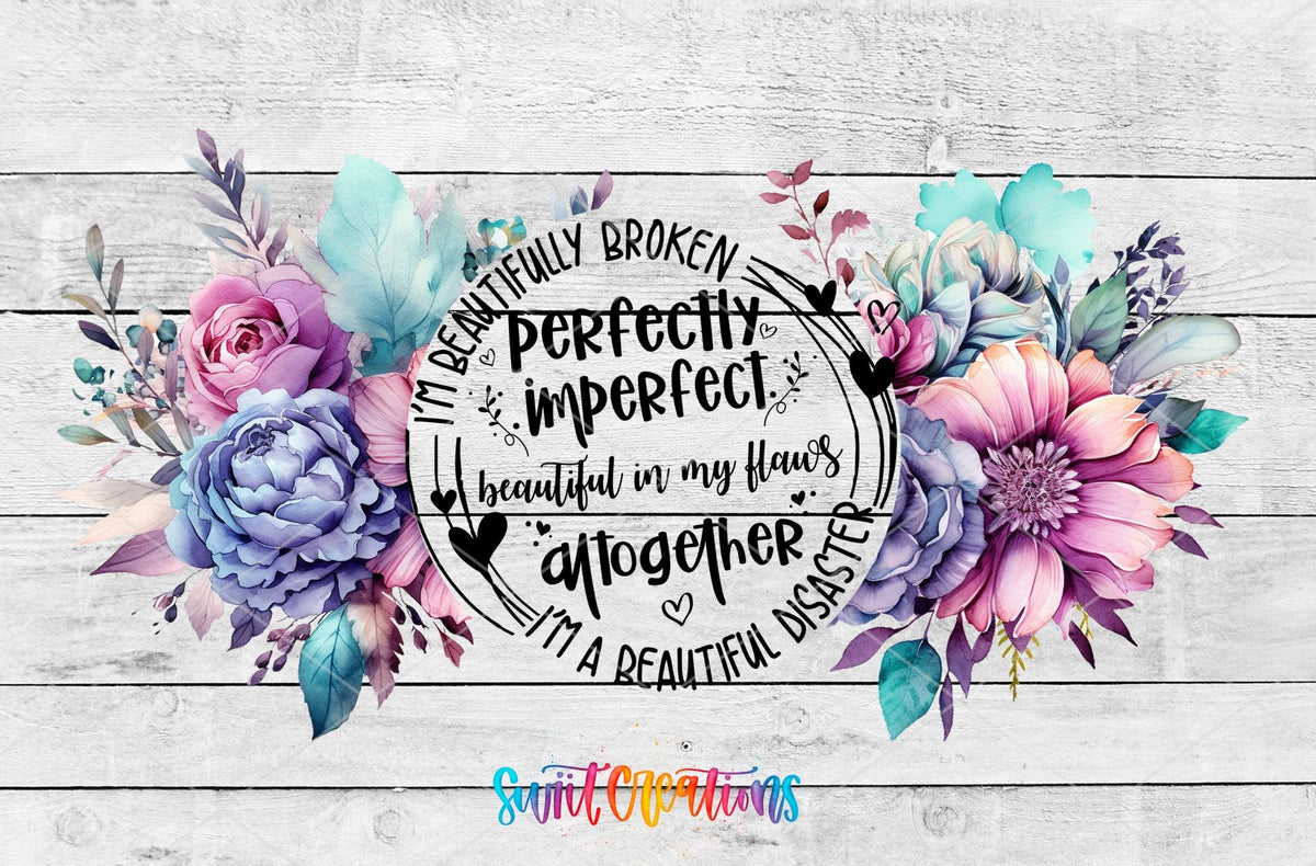 Perfectly Imperfect UV DTF wrap artwork on a white wood background