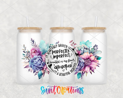 Perfectly Imperfect UV DTF wrap on three frosted glass cans