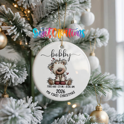 Personalized Baby’s First Christmas White Bear Birth Stats ceramic ornament hanging on a frosted Christmas tree
