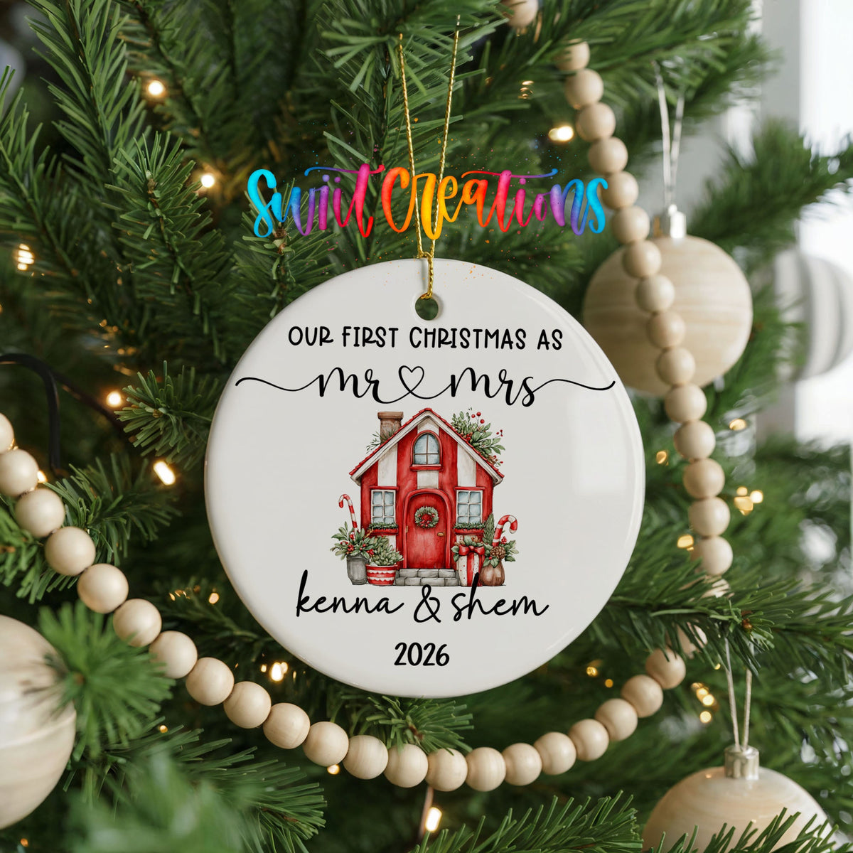 Personalized Our First Christmas Ceramic Ornament | Red Holiday House Keepsake | CO008 - Swiit Creations
