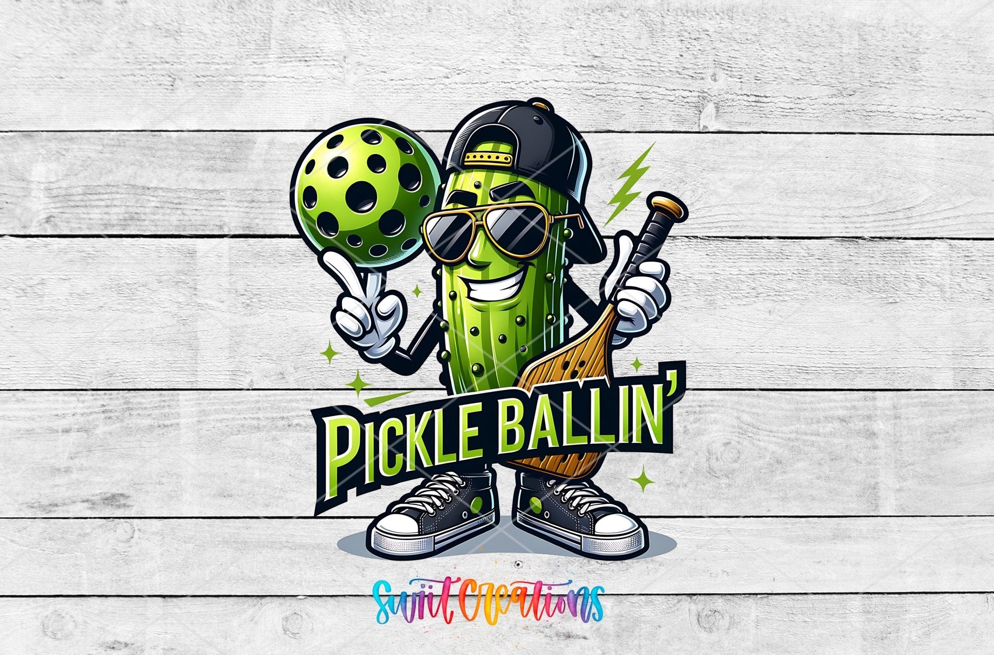 Pickle Ballin Funny Pickleball UV DTF transfer shown as a full artwork preview from Swiit Creations