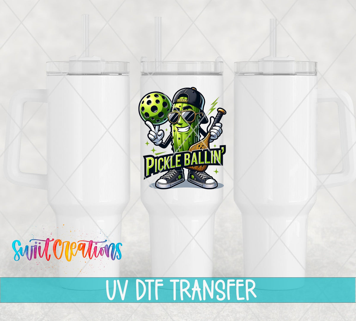 Pickle Ballin pickle in a cap UV DTF transfer on white 40 oz tumblers