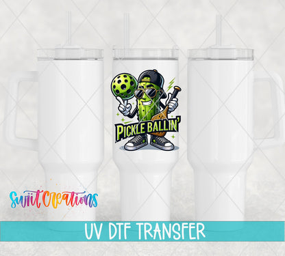 Pickle Ballin pickle in a cap UV DTF transfer on white 40 oz tumblers