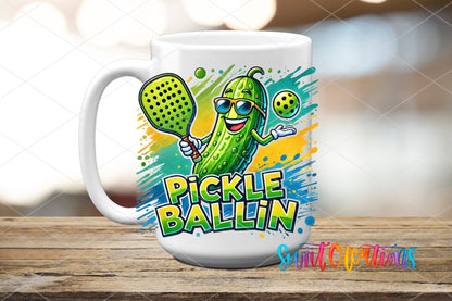 Pickle Ballin Funny Pickleball Sports Design UV DTF transfer displayed on a white ceramic mug from Swiit Creations