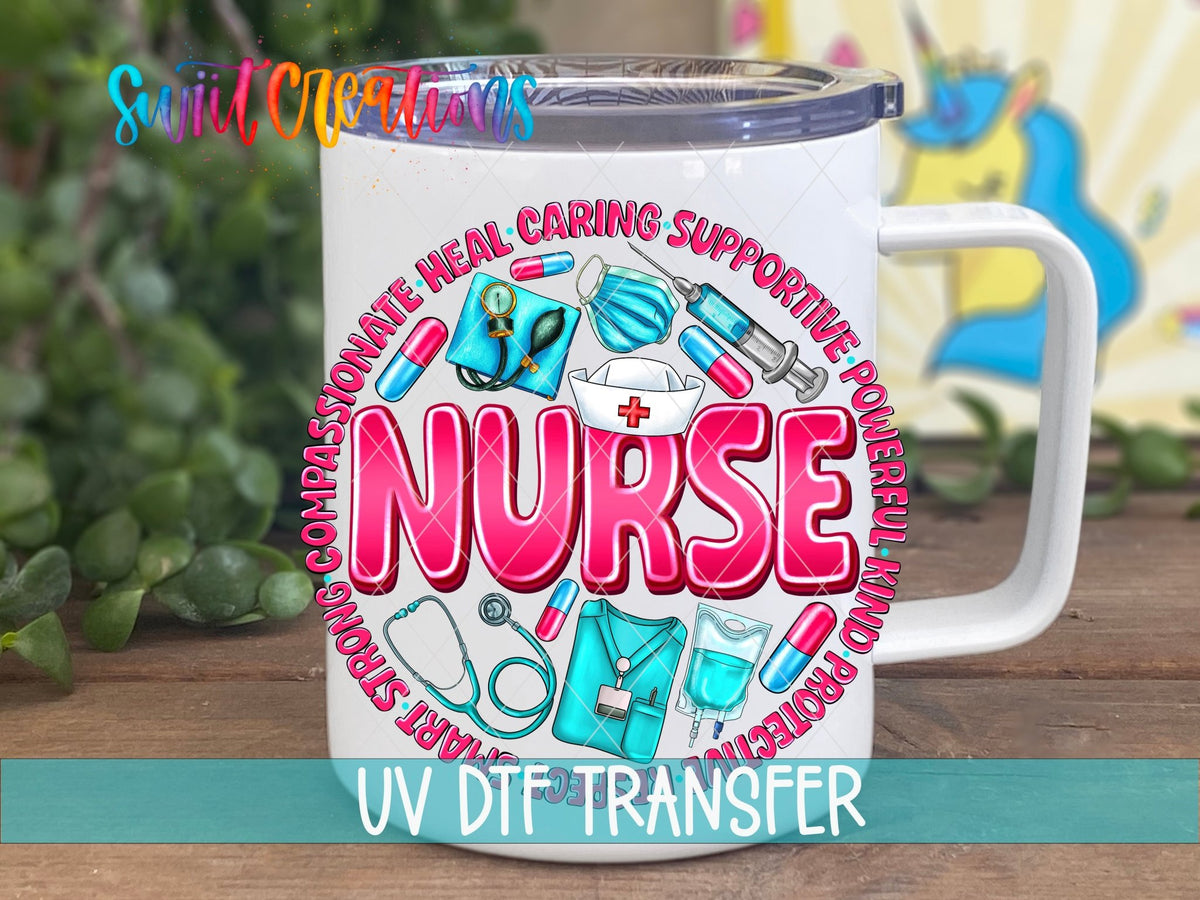Nurse pink circle UV DTF transfer on a white stainless steel mug with a lid