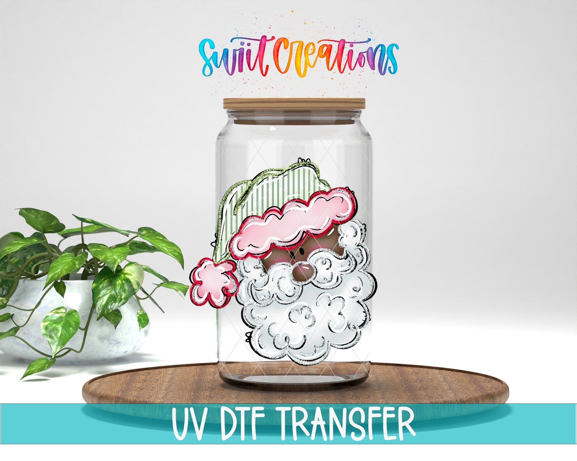 Pink And Green Santa Face Christmas UV DTF Cup Decal | UV1529 - Swiit Creations