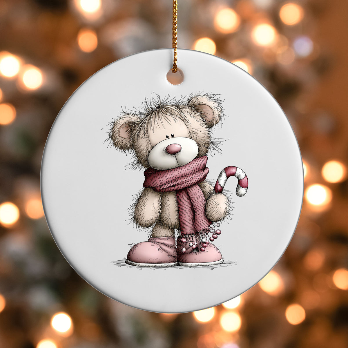 Pink Bear with Candy Cane ornament UV DTF transfer on a round white ornament with a bokeh light background
