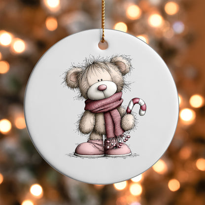 Pink Bear with Candy Cane ornament UV DTF transfer on a round white ornament with a bokeh light background