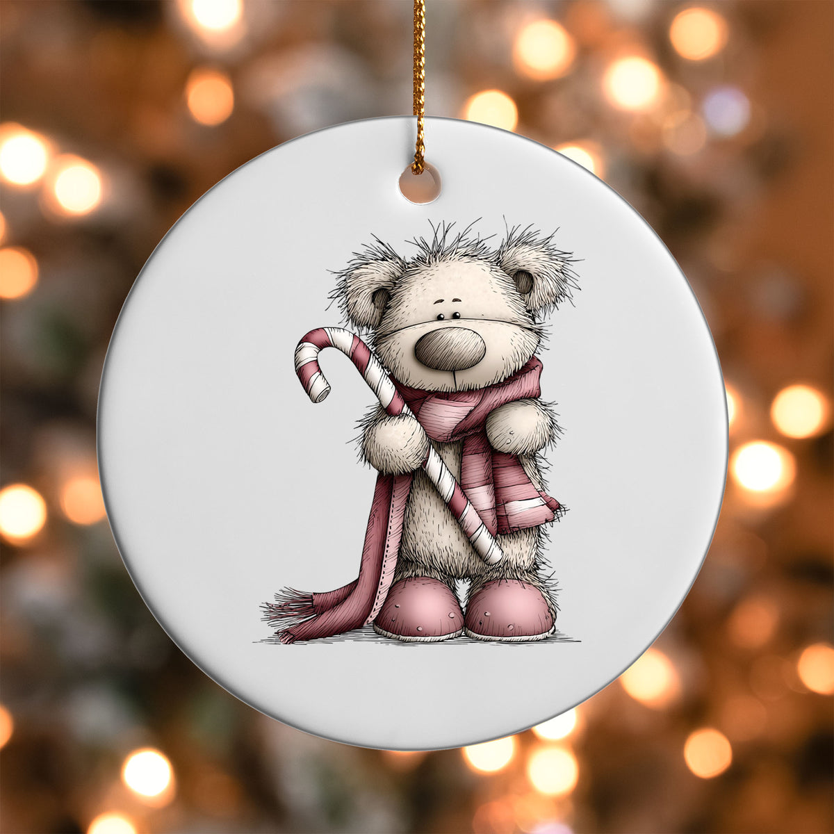 Pink Bear with Candy Cane ornament UV DTF transfer on a round white ornament with a bokeh light background