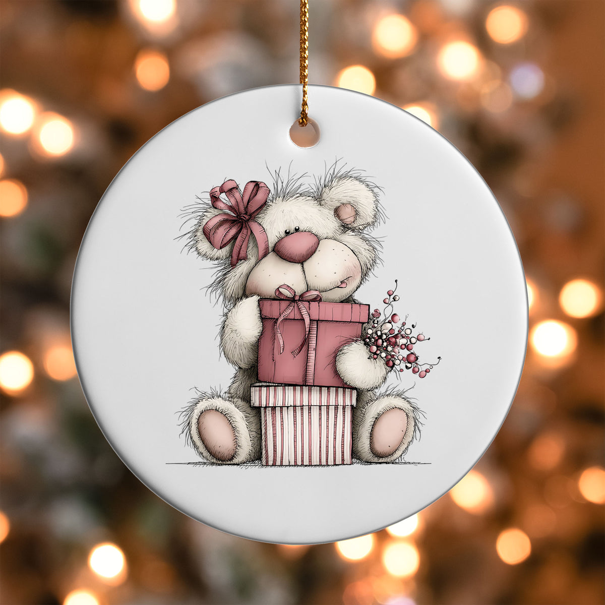 Pink Bear with Gift ornament UV DTF transfer on a round white ornament with a bokeh light background