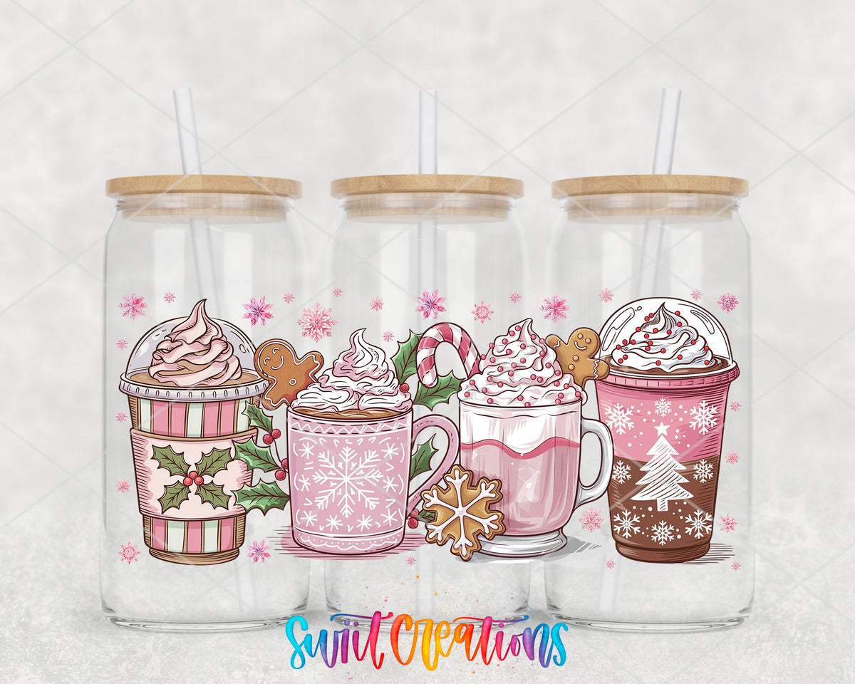 Pink Christmas Cocoa UV DTF full wrap on three glass cans