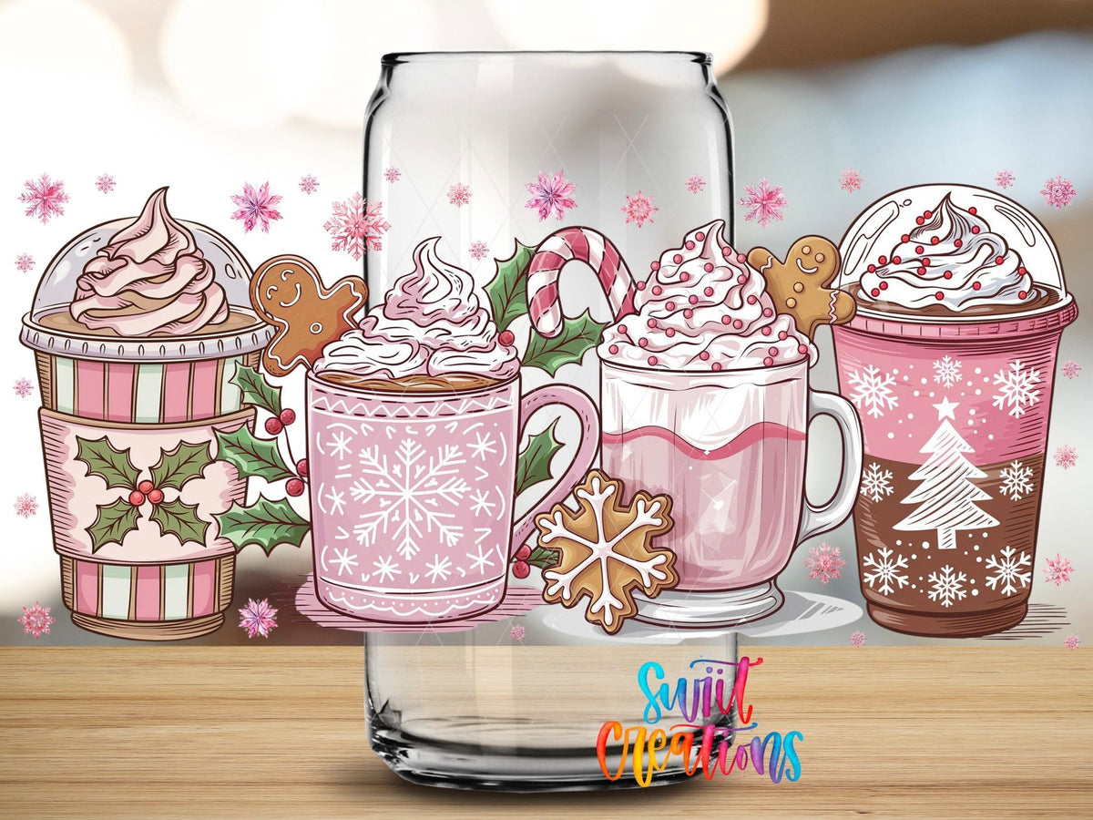 Close-up of the Pink Christmas Cocoa UV DTF full wrap on a clear glass can