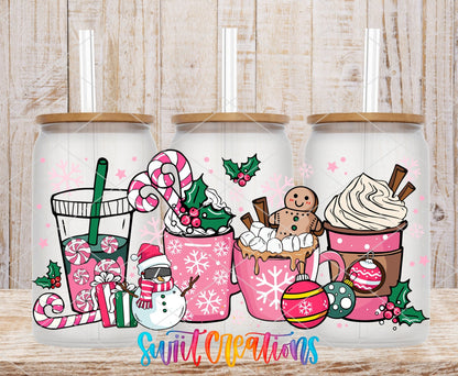 Pink Christmas Drinks UV DTF full wrap on three clear glass cans with bamboo lids