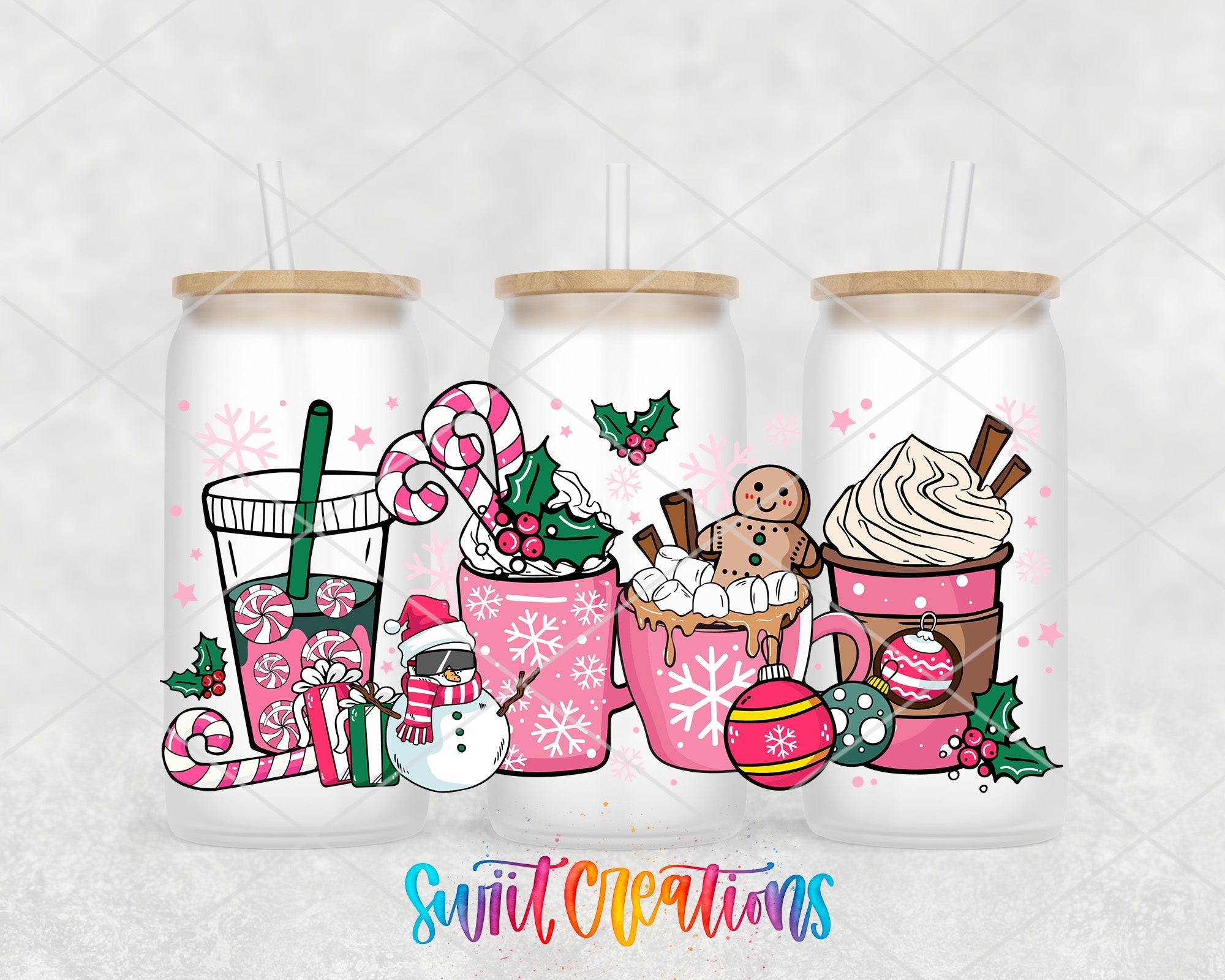 Pink Christmas Drinks Candy Cane UV DTF Transfer Tumbler Wrap | DTF227 - Swiit Creations