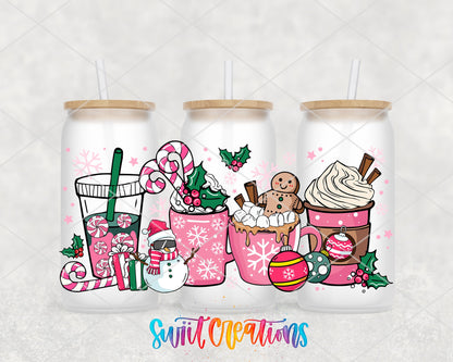 Pink Christmas Drinks UV DTF full wrap on three frosted glass cans