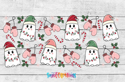 Pink Christmas Ghosts lights and mittens UV DTF full wrap artwork on a white wood background