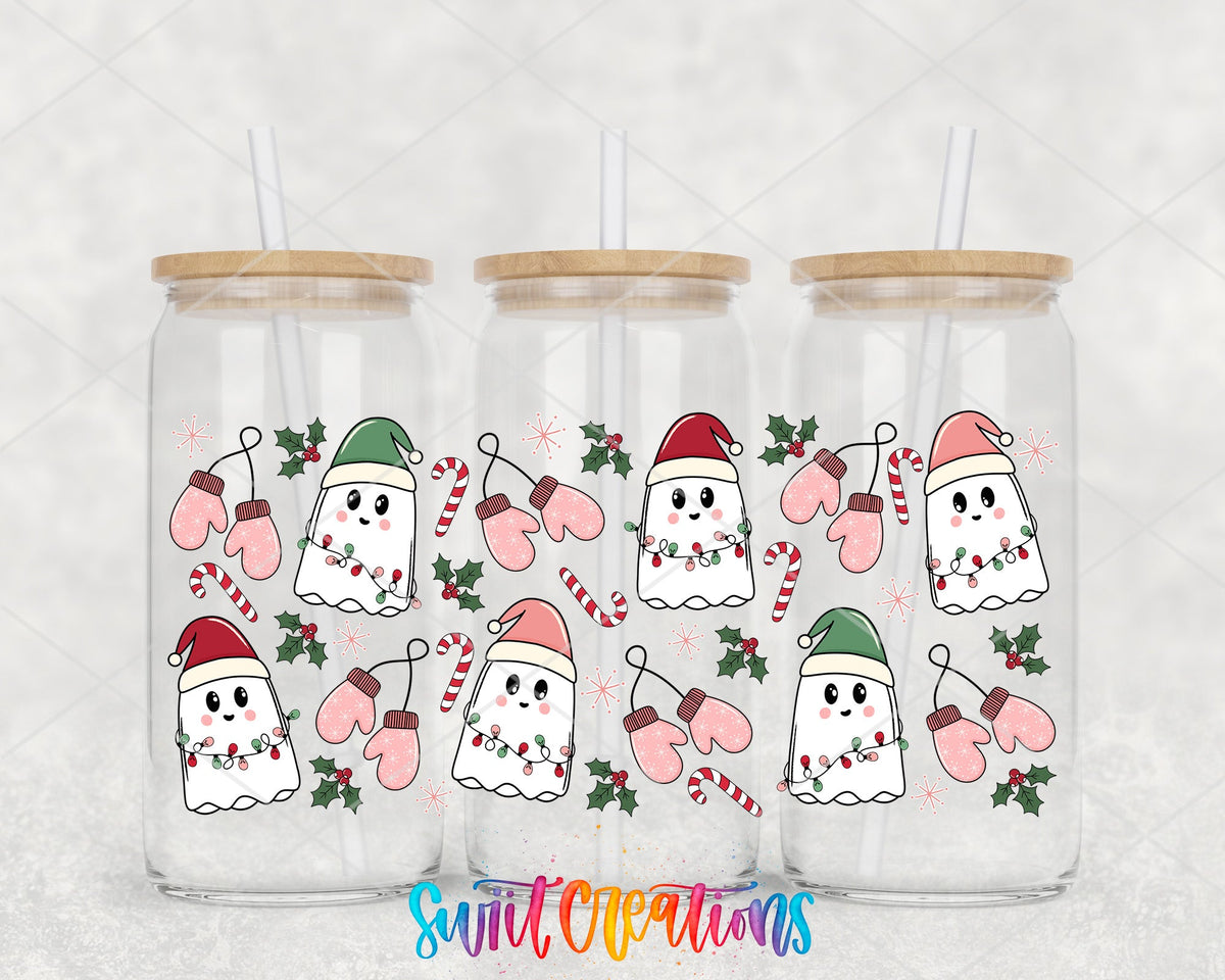 Pink Christmas Ghosts lights and mittens UV DTF full wrap on three glass cans