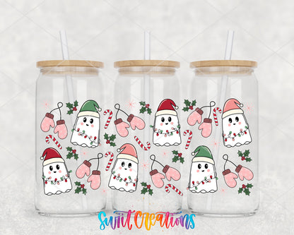 Pink Christmas Ghosts lights and mittens UV DTF full wrap on three glass cans