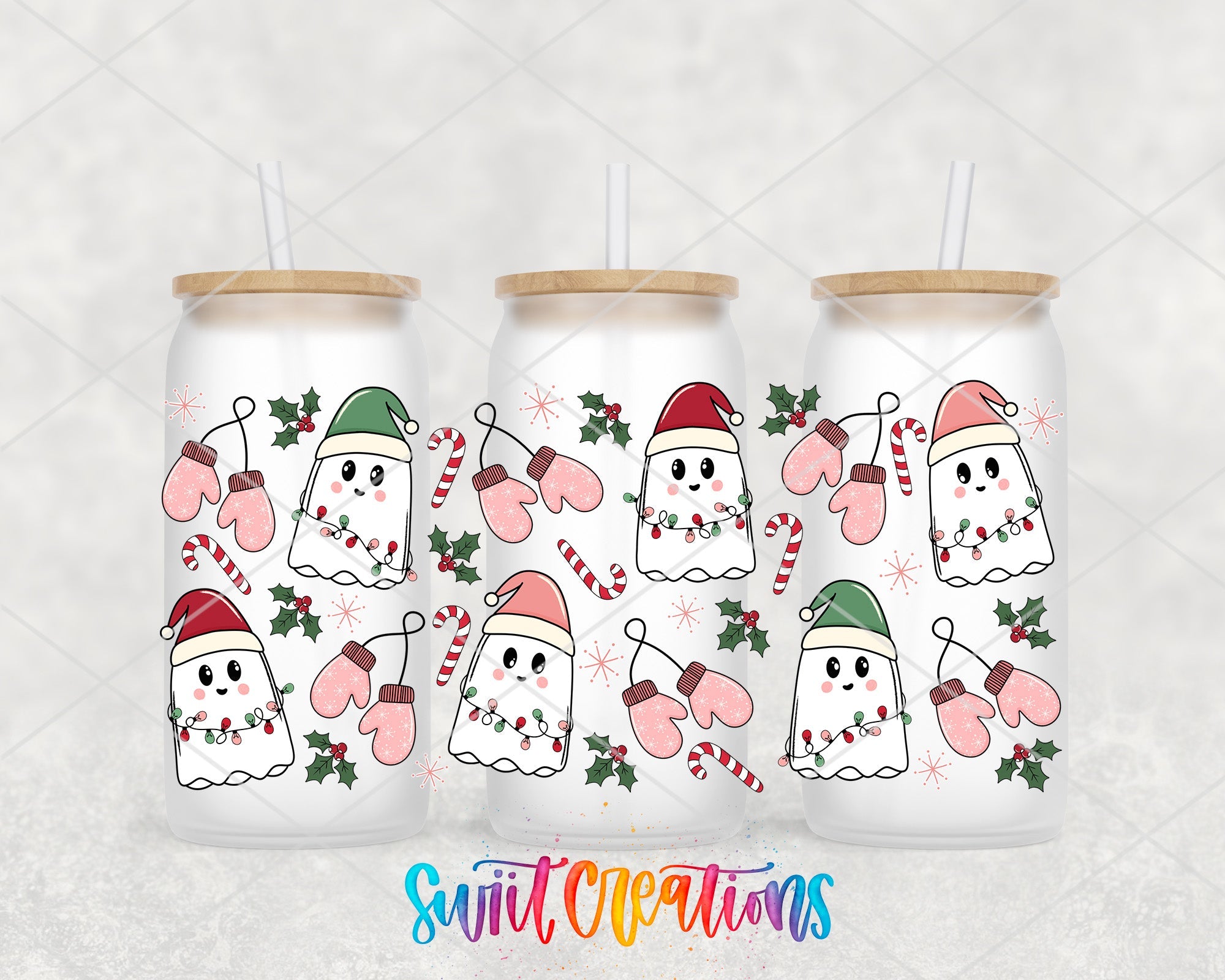 Pink Christmas Ghosts Candy Cane UV DTF Transfer Tumbler Wrap | DTF118 - Swiit Creations
