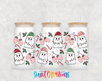 Pink Christmas Ghosts lights and mittens UV DTF full wrap on three frosted glass cans