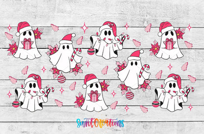 Pink Christmas Ghosts poinsettias and gifts UV DTF full wrap artwork on a white wood background