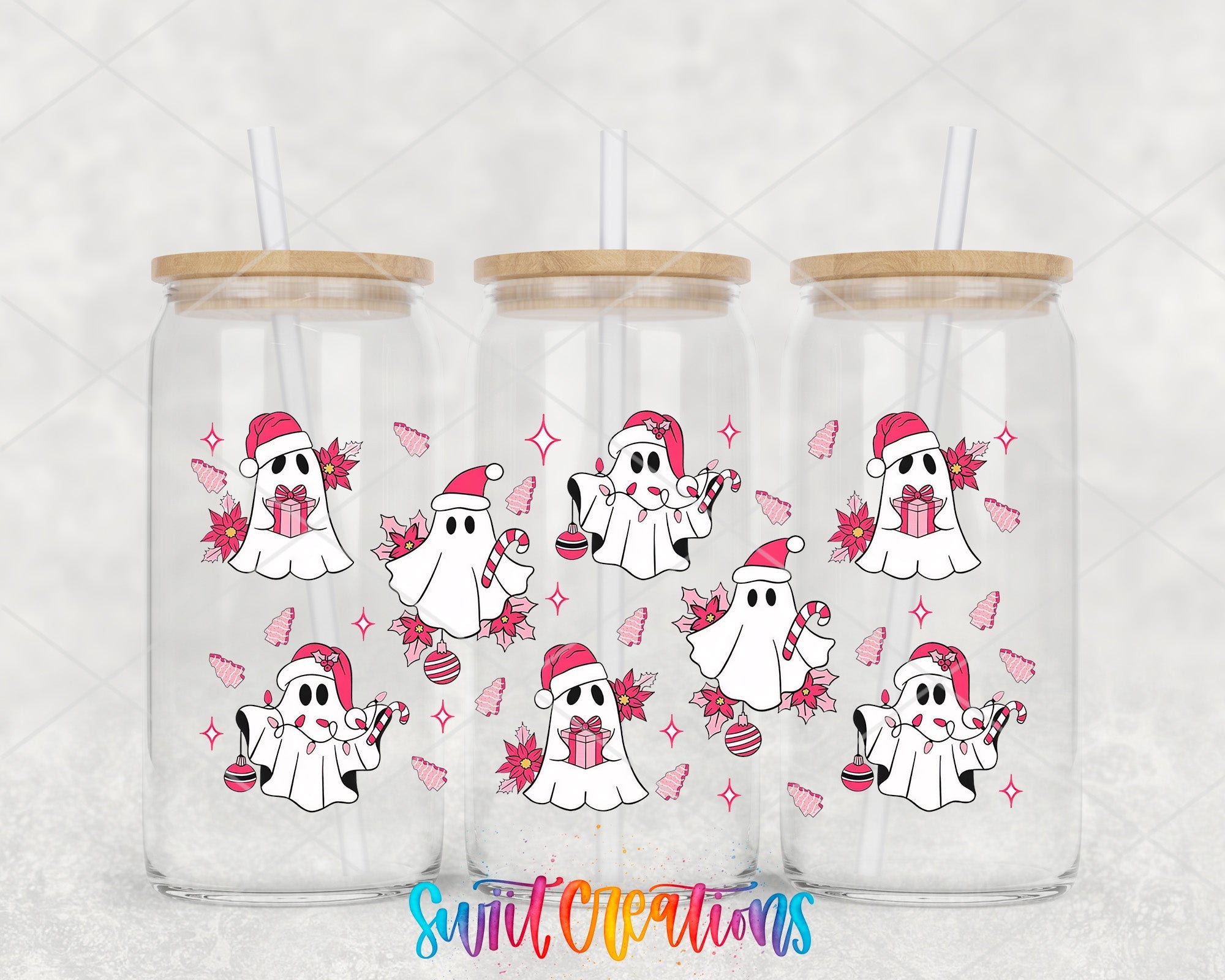 Pink Christmas Ghosts UV DTF Transfer Tumbler Wrap | DTF093 - Swiit Creations