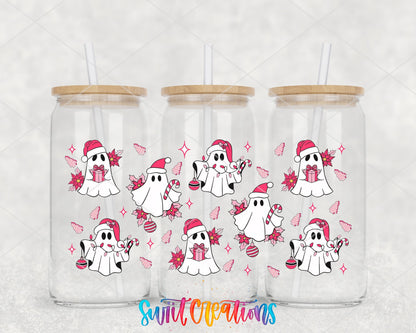 Pink Christmas Ghosts poinsettias and gifts UV DTF full wrap on three glass cans