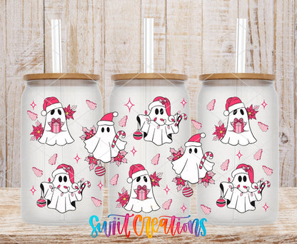 Pink Christmas Ghosts poinsettias and gifts UV DTF full wrap on three clear glass cans with bamboo lids