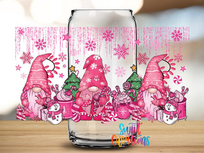 Close-up of the Pink Christmas Gnomes UV DTF full wrap on a clear glass can