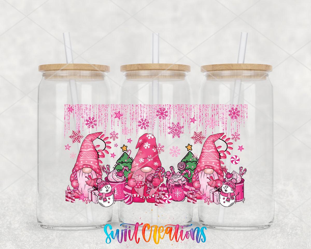 Pink Christmas Gnomes UV DTF full wrap on three glass cans