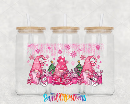 Pink Christmas Gnomes UV DTF full wrap on three glass cans