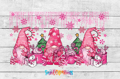 Pink Christmas Gnomes UV DTF full wrap artwork on a white wood background