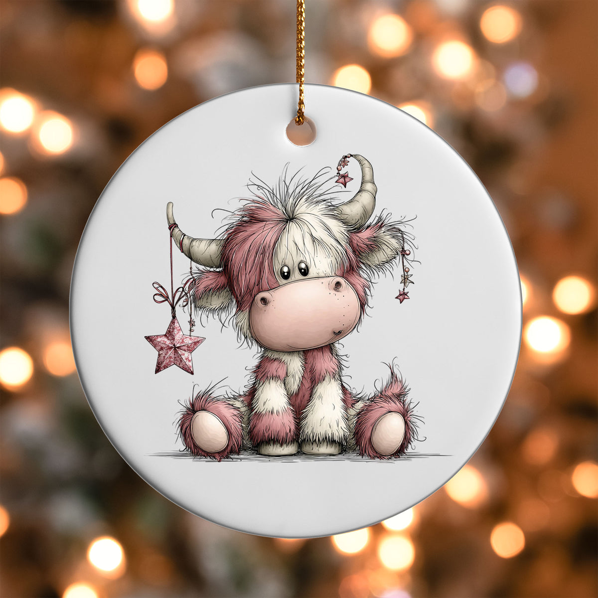 Pink Christmas Highland Cow ornament UV DTF transfer on a round white ornament with a bokeh light background