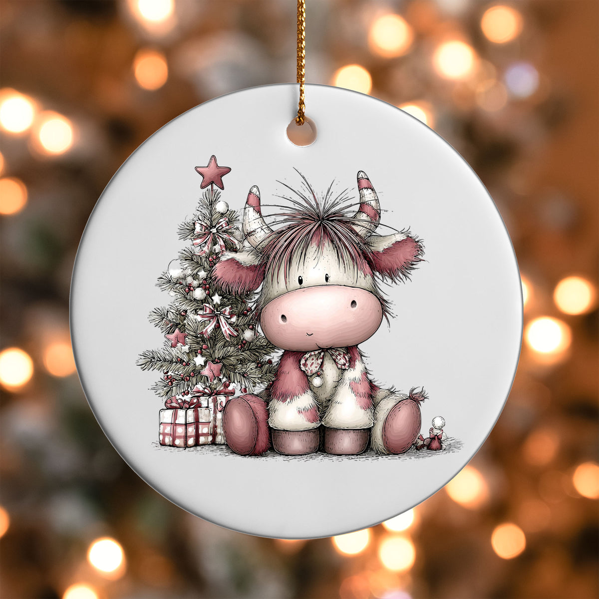 Pink Christmas Highland Cow ornament UV DTF transfer on a round white ornament with a bokeh light background