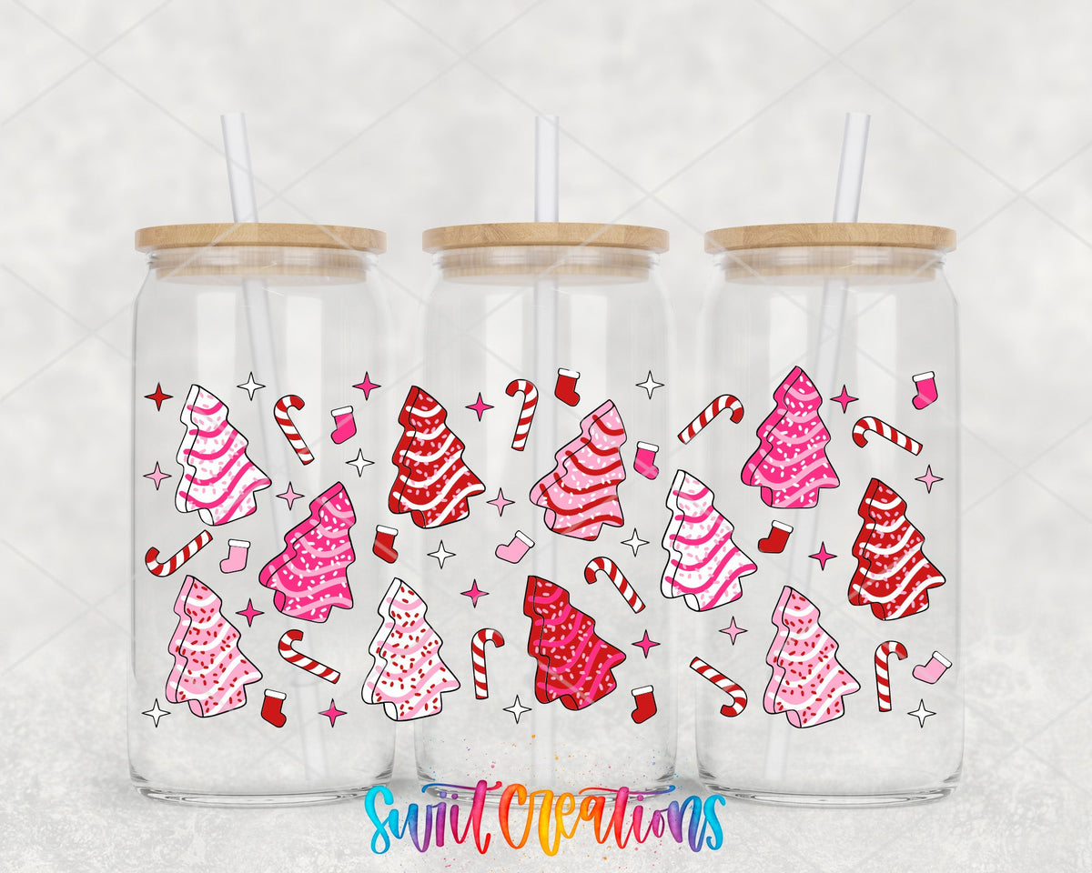 Pink Christmas Tree Cakes UV DTF full wrap on three glass cans
