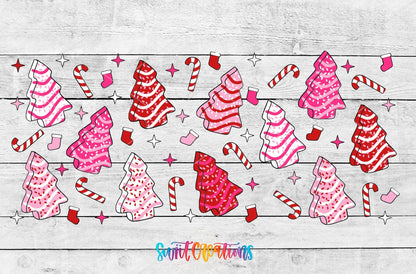 Pink Christmas Tree Cakes UV DTF full wrap artwork on a white wood background