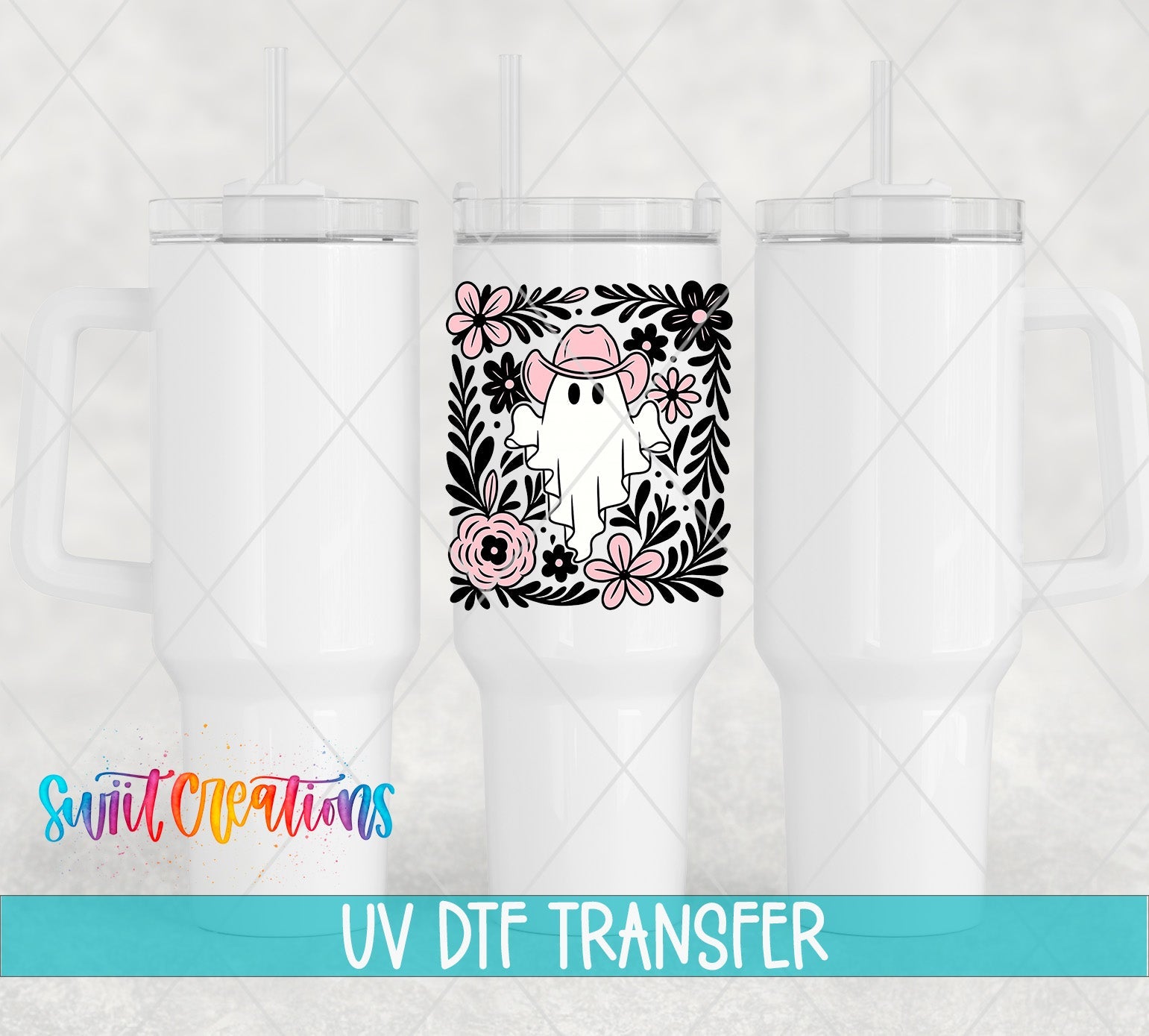 Pink Cowboy Ghost Floral UV DTF Cup Decal | UV1536 - Swiit Creations
