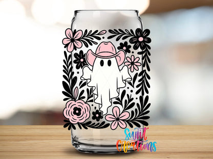 Close-up of the Pink Cowboy Ghost UV DTF transfer on a clear glass can