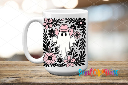 Pink Cowboy Ghost UV DTF transfer on a white ceramic coffee mug