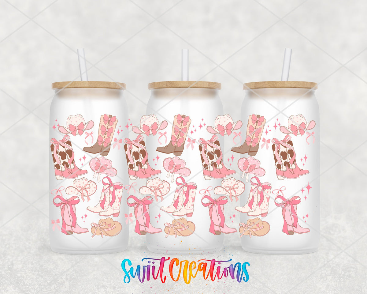 Pink Cowgirl Coquette UV DTF full wrap on three frosted glass cans