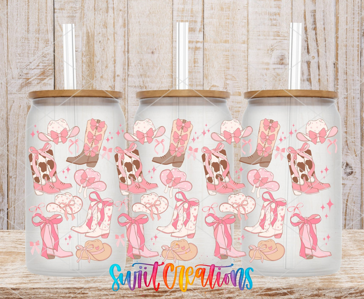 Pink Cowgirl Coquette UV DTF full wrap on three clear glass cans with bamboo lids