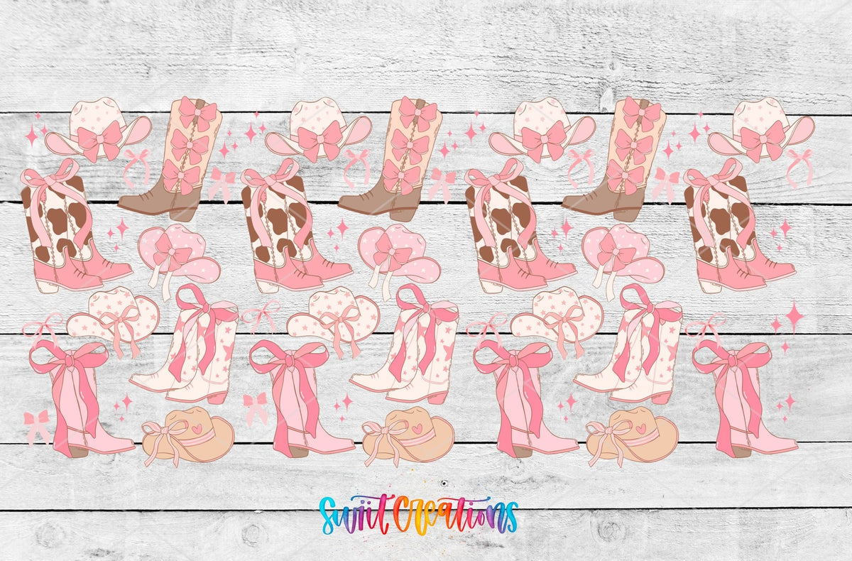Pink Cowgirl Coquette UV DTF full wrap artwork on a white wood background