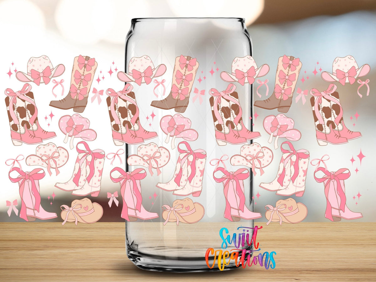 Close-up of the Pink Cowgirl Coquette UV DTF full wrap on a clear glass can