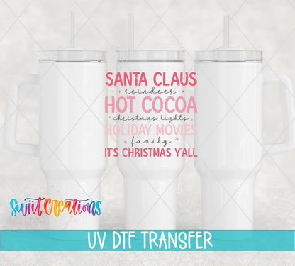 Pink Christmas Traditions UV DTF transfer on white 40 oz tumblers