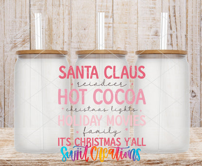 Pink Christmas Traditions UV DTF transfer on frosted glass cans with bamboo lids